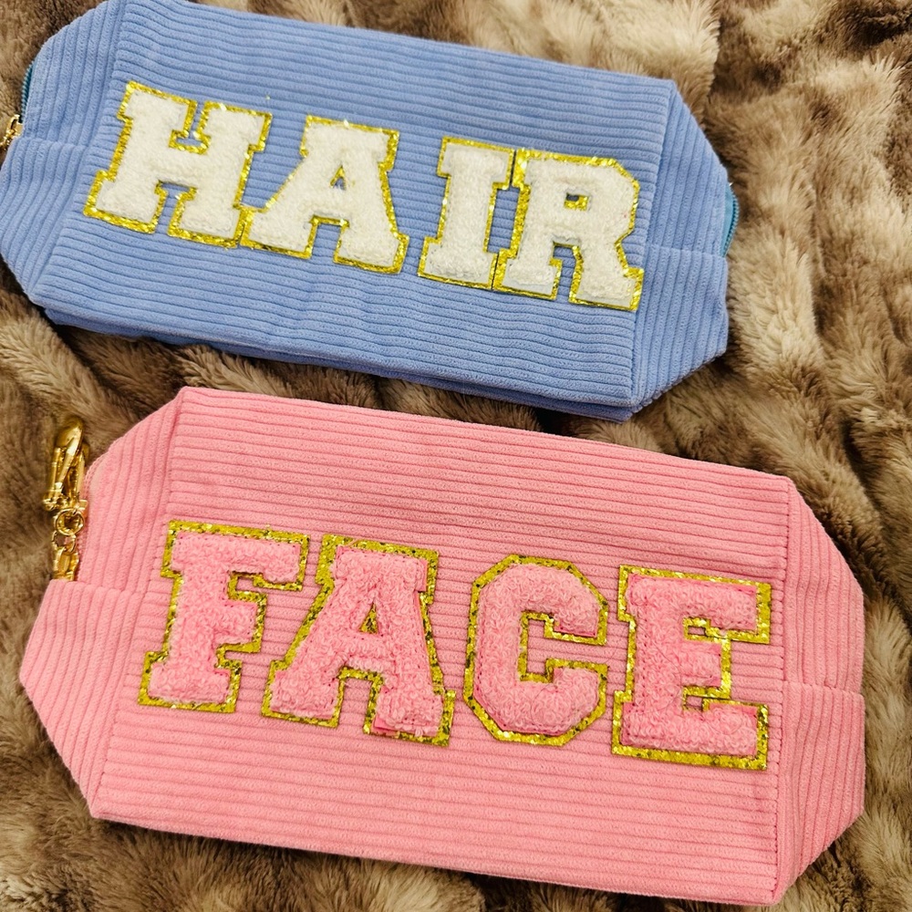 Blue and Pink Corduroy Pouches with Gold Accents